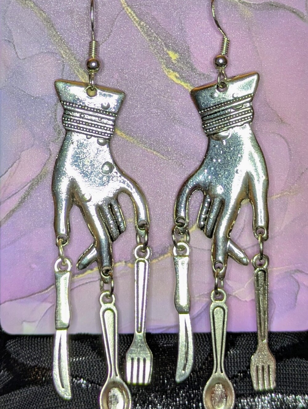 HandMade Three Of Spoons Silver Dangle Earrings